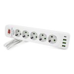 Мережевий фільтр Meilepai F25U, 5 розеток EU+3 USB+PD, кнопка включення з індикатором, 2 м, 3х0,75мм, 2500W, White, Box